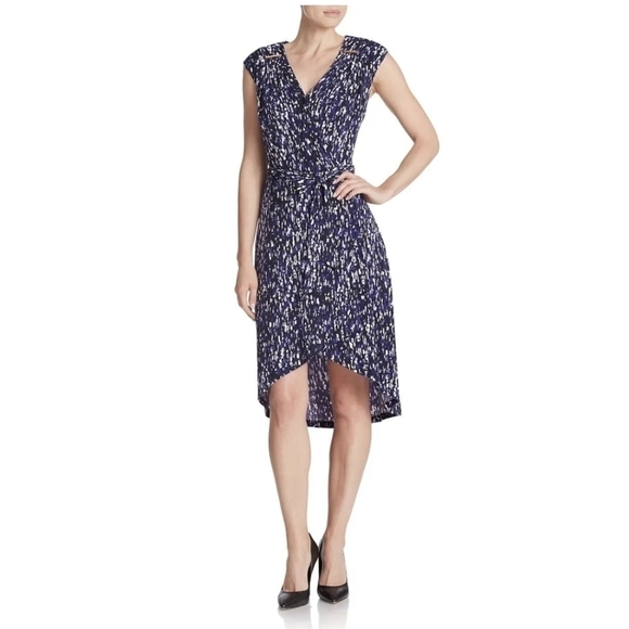 CALVIN KLEIN | Blue/Black/White Byzantine  Multi Stretch V-Neck Wrap Dre… - Picture 1 of 9